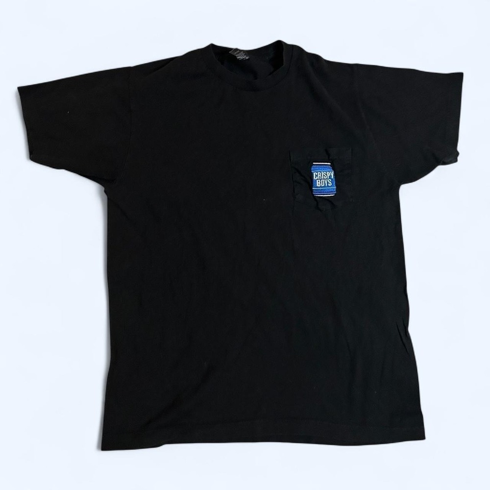 T-Shirt Black Cotton Gildan Crispy Boys Beer Can Embroidered Pocket Size M